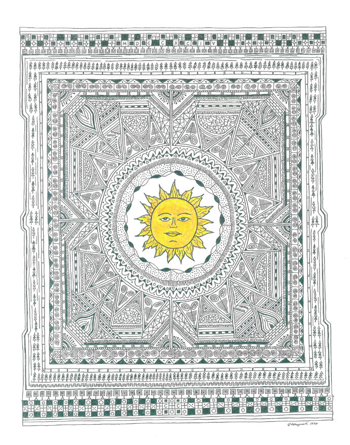 Intricate geometric design with central yellow sun.