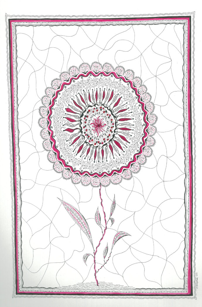 Intricate floral mandala with pink accents.